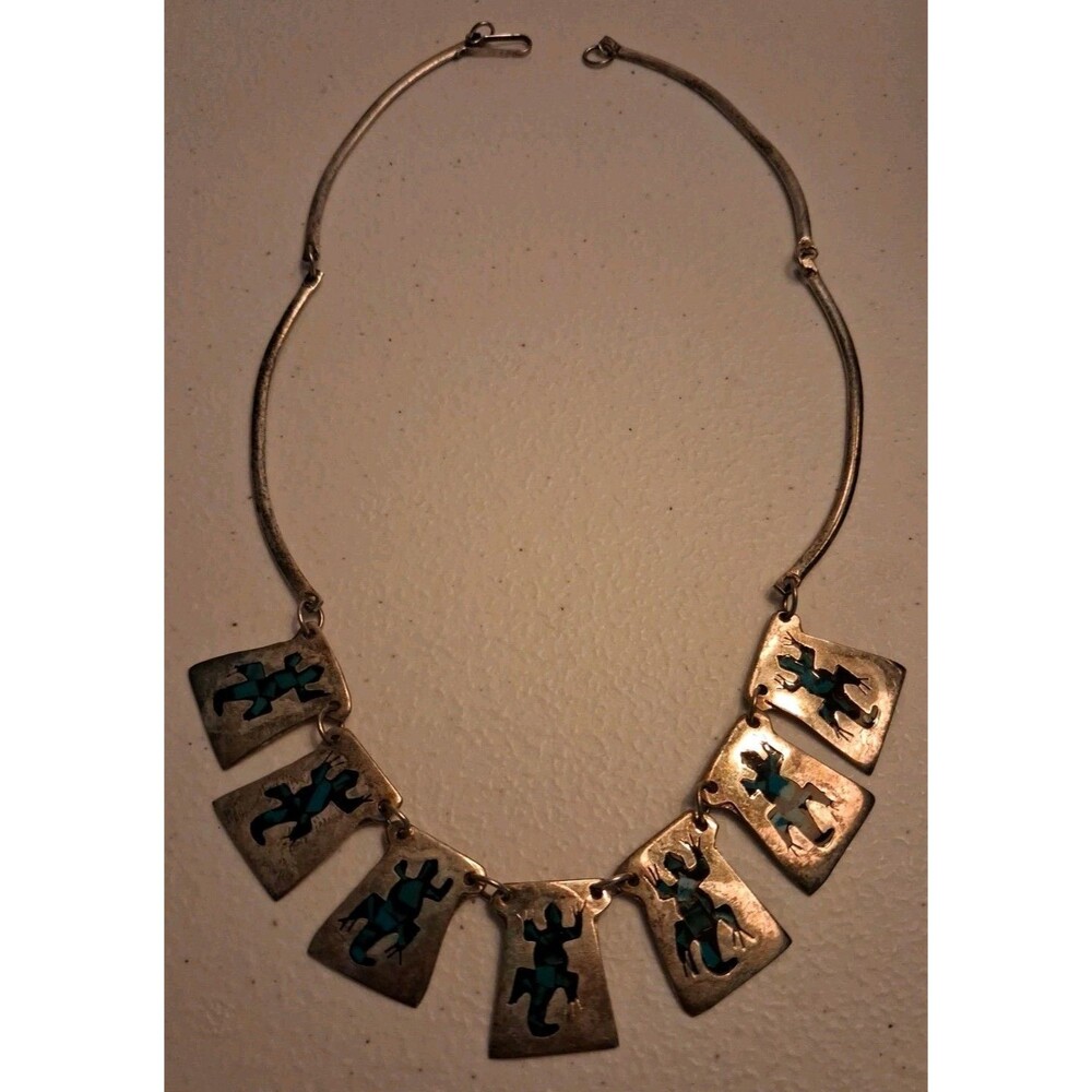 Southwest Vtg Mexico Alpaca Necklace Tourquoise Color Stunning Lizard Charms